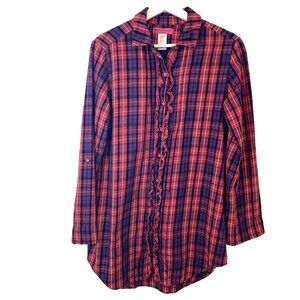 Betsey Johnson Intimates Plaid Cotton Sleep Shirt S Cozy‎ Comfort Ruffles